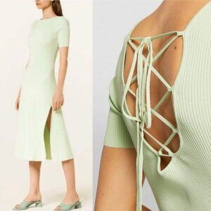 NWT Maje Ruche Tie Back Midi Dress 40 Vert L Ribbed Knit Stretch